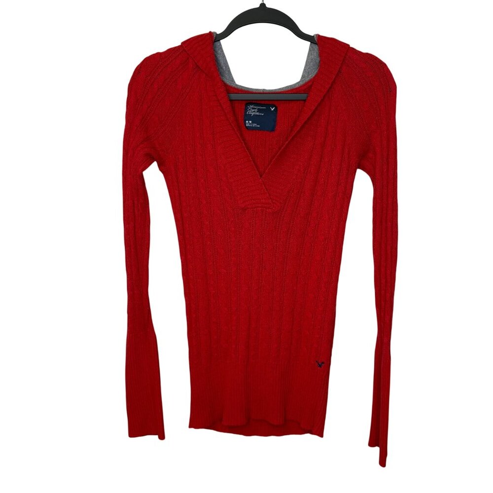 American Eagle women’s Size M Red Cable Knit Hooded Sweater Belle Y2K Preppy